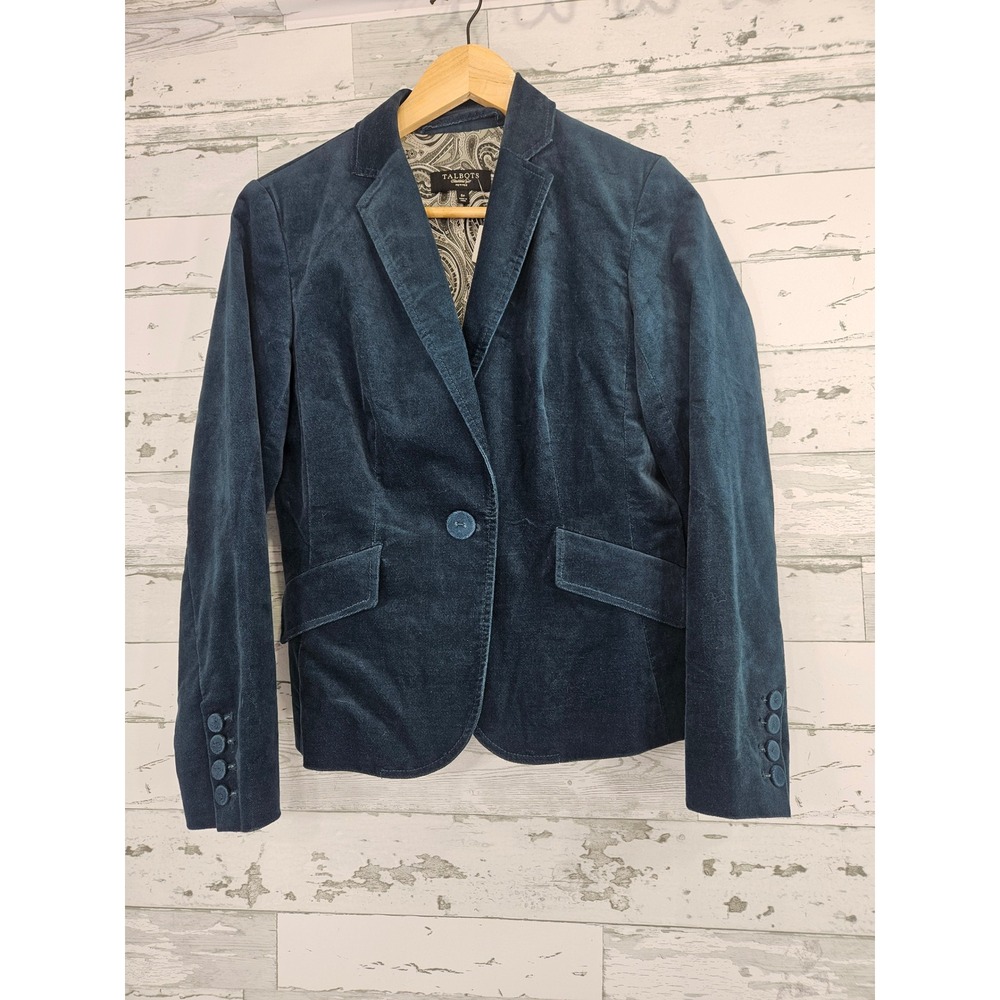Talbots Petites Blue Corduroy Velevet Peplum Blazer Jacket Paisley Lining 6P